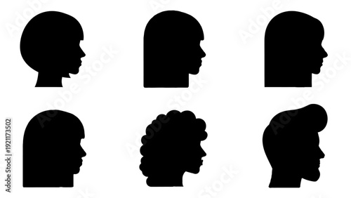 diverse human head profile silhouettes on white background showcasing various hairstyles for avatars user icons and demographic illustrations.