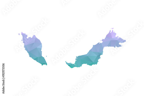 Malaysia Map Polygon Style Vector Illustration in Purple and Cyan Gradient, Low Poly Geometric Design, Isolated on White Background for Infographics and Projects.