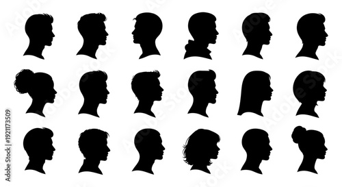 diverse human head silhouettes in profile featuring men and women with various hairstyles for identity user profiles and demographic concepts.