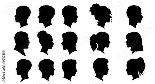 diverse human head profile silhouettes representing various ages genders and hairstyles ideal for user avatars and identity concepts.