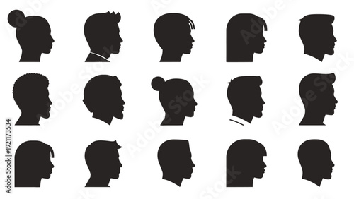 diverse human profile silhouettes depicting male and female heads with various hairstyles for demographic representation and user interface design