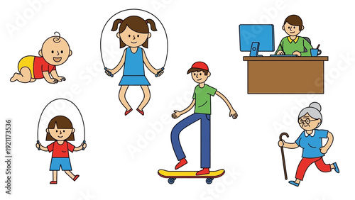 diverse human life stages from infant to elderly people of various generations engaged in activities like playing working and exercising.