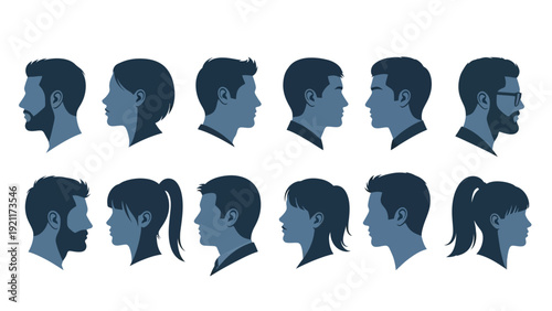 diverse human profile silhouettes of men and women in modern flat design representing individuality community and digital user identity.