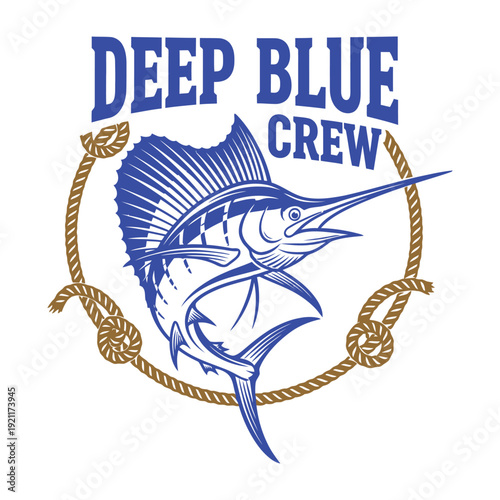 A blue marlin fish logo with a rope and text on a white background tshirt design