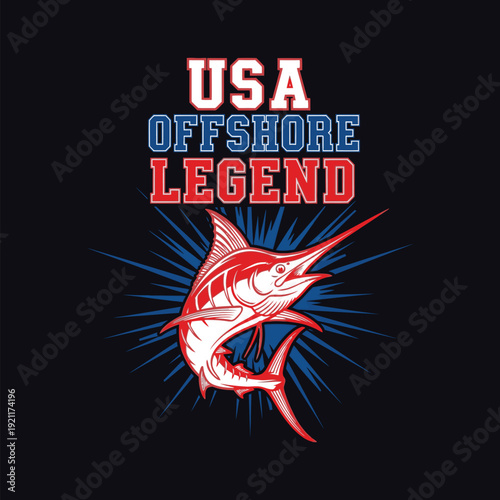 A vibrant graphic design featuring a marlin fish and USA offshore legend text tshirt design