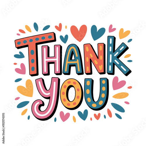 Colorful hand-drawn "Thank You" text surrounded by hearts and confetti.