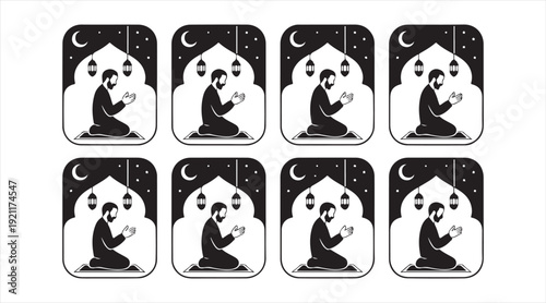 Islamic Woman Praying at Night with Crescent Moon Silhouette Collection