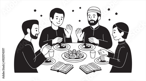 Ramadan Dinner Scene with Muslim Family Breaking Fast Illustration