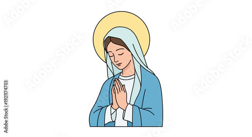 A professional vector illustration of a smiling cartoon woman as the Virgin Mary holding baby Jesus while wearing a medical stethoscope to represent health and spiritual medicine