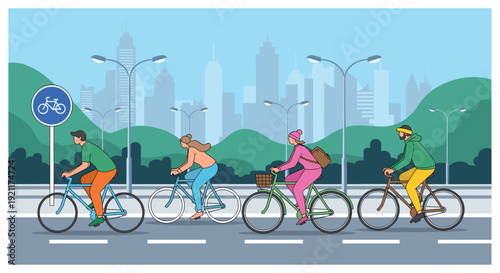 Urban cycling illustration with diverse people riding bicycles on dedicated bike lane in modern city landscape promoting eco friendly transportation and healthy lifestyle