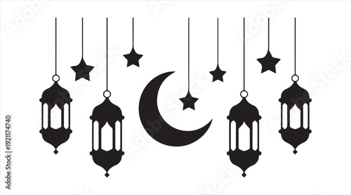 Islamic Ramadan Lantern and Crescent Moon Hanging Silhouette Set