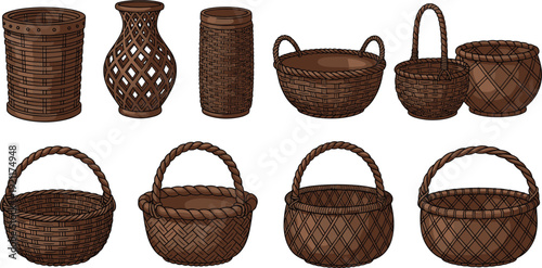 Wicker basket and woven vase vector illustration set with rustic wood containers for home storage, traditional handicraft decor, and country farmhouse backgrounds,