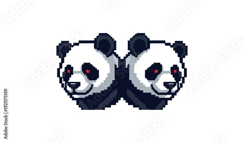 Pixelated panda bear illustration with mirrored heads on black background