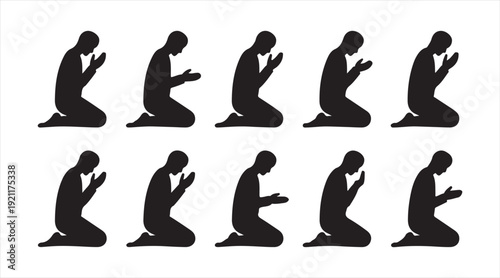 Black Muslim Worshipper Sitting and Praying Icon Set Isolated Illustration