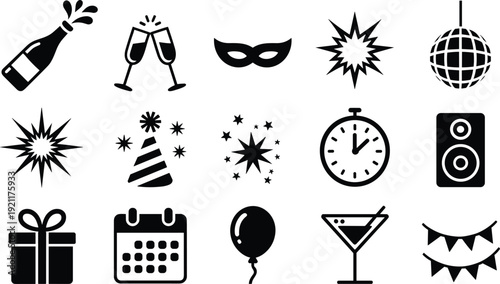 Party celebration icons set, champagne, glasses, mask, fireworks, disco ball, gift and cocktail isolated black vector collection