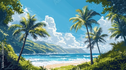 A beautiful tropical beach with palm trees and a blue ocean. The sky is clear and the sun is shining brightly