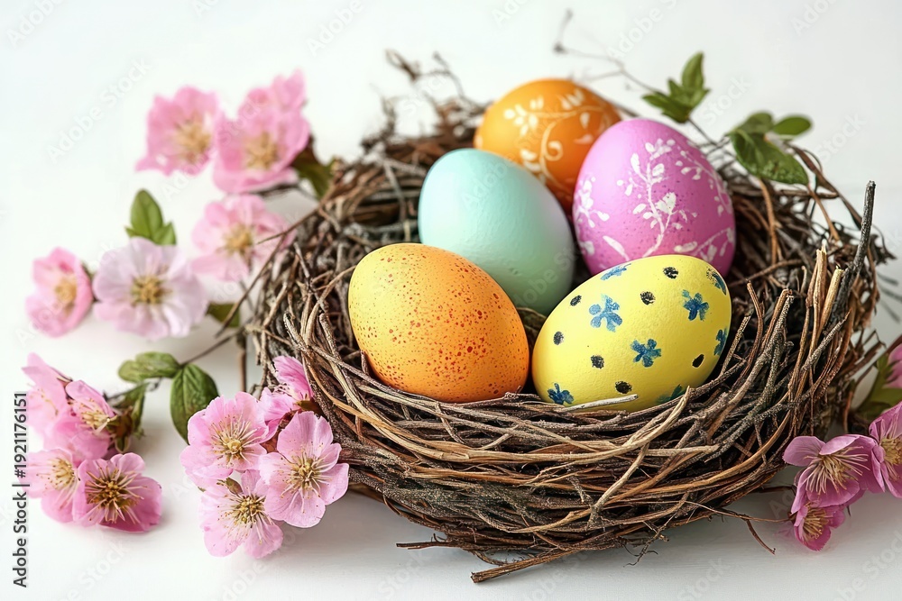 Obraz premium pastel hand-painted eggs resting in a twig bird nest surrounded by pink cherry blossoms, evoking cheerful springtime and delicate festive warmth