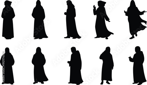 Muslim woman wearing hijab silhouettes set, Islamic female in abaya dress standing and walking poses isolated black vector