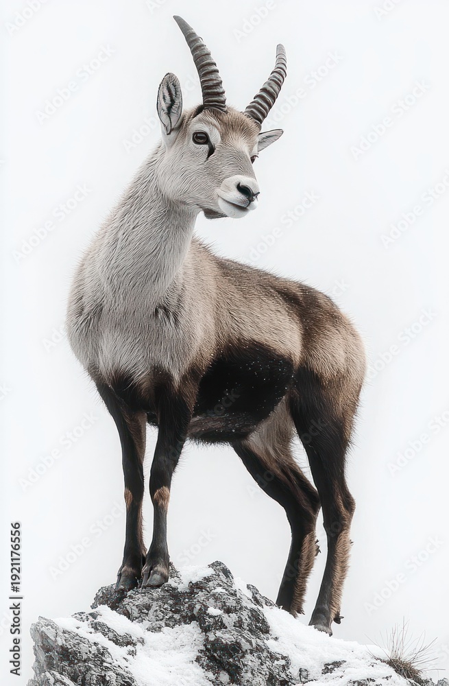 Obraz premium alert mountain goat with curved horns standing proudly on a snow-covered rocky ledge, calm and majestic in winter