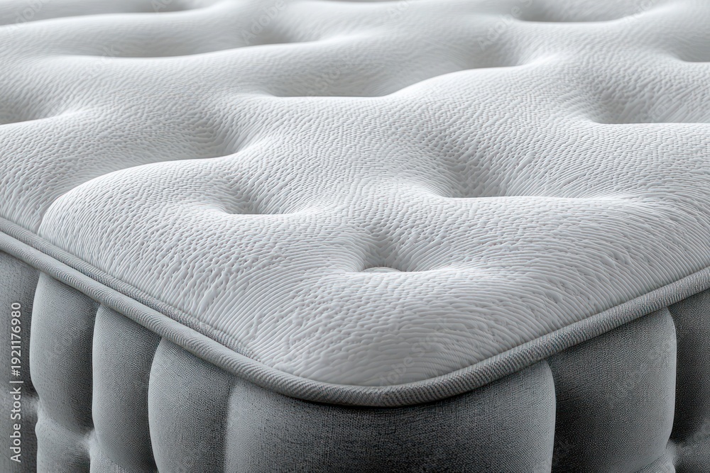 Fototapeta premium close-up of tufted white mattress corner with quilted textured surface and edge piping, plush inviting soft comfort evoking restful sleep