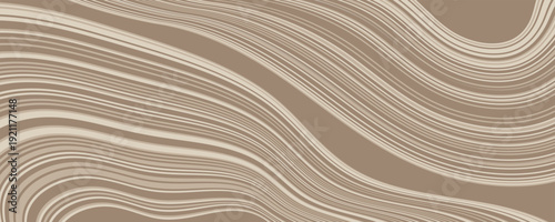 Abstract wavy striped pattern in beige and brown tones with flowing curved lines on neutral background. Retro organic wallpaper design concept