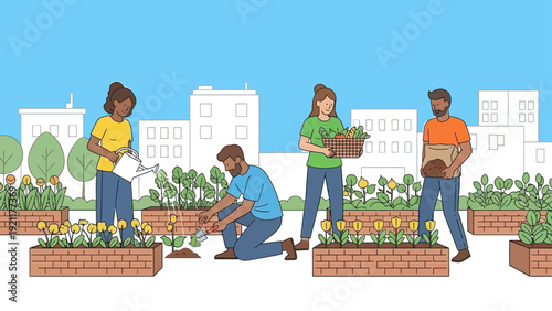 diverse people cultivating a vibrant urban community garden planting and harvesting fresh produce for sustainable city living.