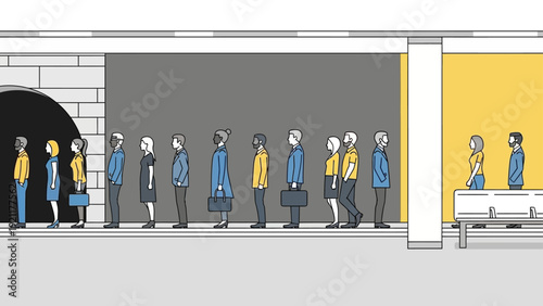 diverse professionals patiently waiting in a long queue at a facility entrance symbolizing job market challenges process and opportunity