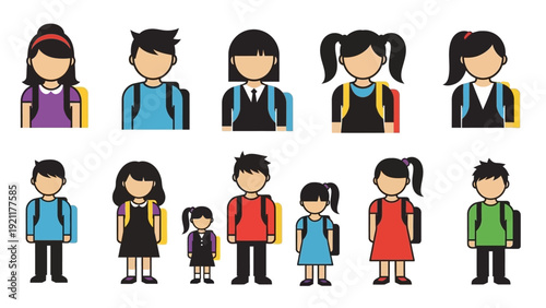 diverse school children flat design vector set with backpacks boys and girls ready for education learning and popular back to school icons.