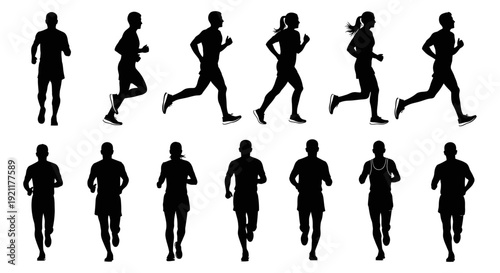 diverse running silhouettes of male and female athletes in action symbolizing fitness active lifestyle and healthy exercise.