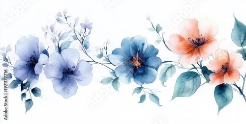 Delicate watercolor of blue and peach blossoms with green leaves and thin branches on a soft white background, evoking calm gentle spring serenity