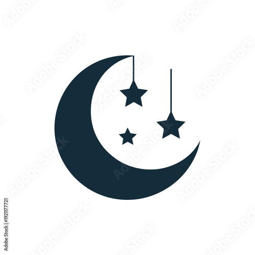 A crescent moon hangs in the night sky with decorative stars.