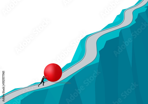Man pushing large red ball up a steep winding road on a cliff