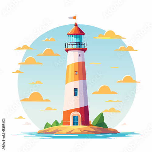 Colorful lighthouse on island, isolated on white background. Vector illustration.