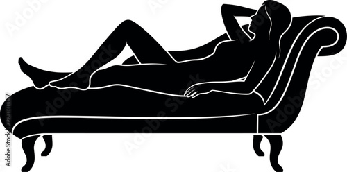 Black silhouette of a woman relaxing on a vintage chaise longue lounge chair for wellness spa therapy and interior design