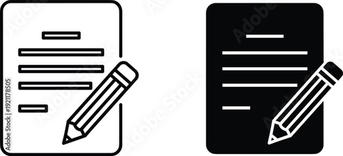 Document writing icon set in outline and solid styles with pencil symbol representing notes editing documentation and content creation for user interface design