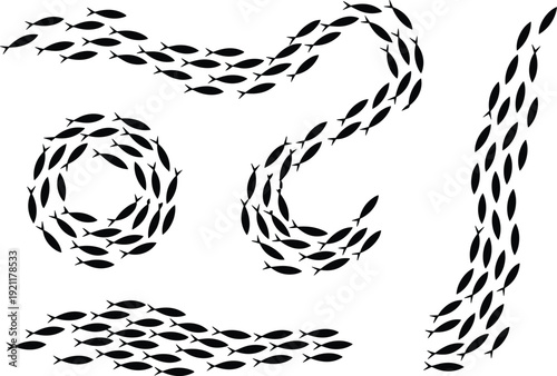 School of fish forming year 2021 numbers, black silhouettes isolated on white background, creative marine wildlife typography concept design illustration