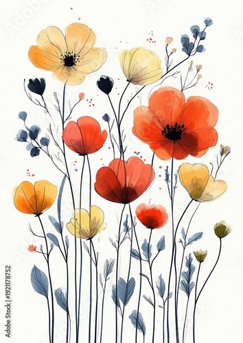 delicate wild poppy bouquet with tall slender stems, red and yellow blossoms, blue-gray foliage and inked outlines, gentle watercolor splashes evoking a cheerful serene mood
