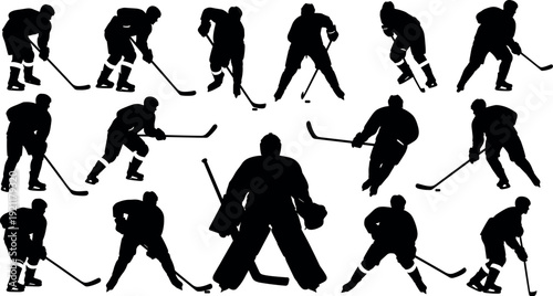 Ice Hockey Players and Goalie Silhouette Collection Featuring Various Action Poses Skating Handling Puck and Defending for Sports Vector Design