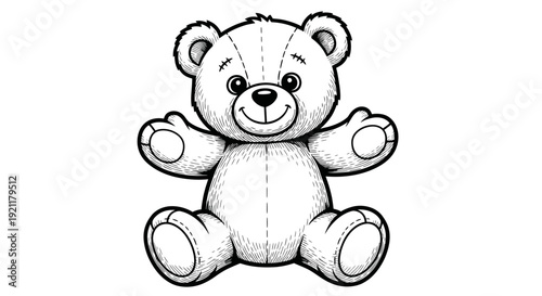 Cute Teddy Bear Drawing, Black and White, Isolated on White Background, Children's Toy