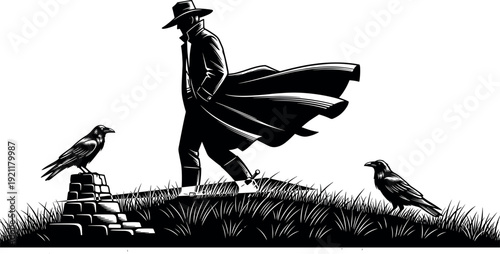 Mysterious Man in Trench Coat and Fedora Walking Through Grassy Field with Ravens in Minimalist Black and White Vector Style