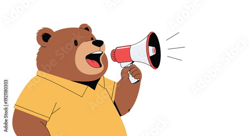 Large brown bear character wearing a yellow shirt and shouting loudly through a red and white megaphone to make an announcement.