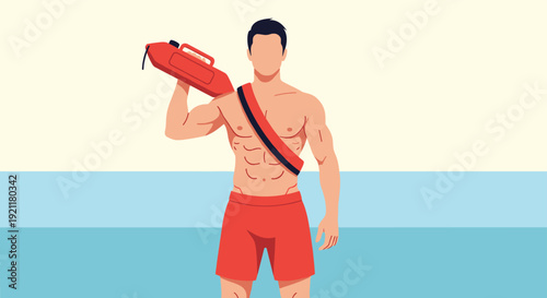 Muscular shirtless lifeguard standing on a sandy beach while holding a red rescue buoy over his shoulder during a sunny day.