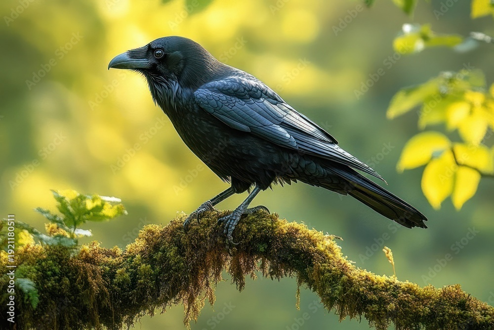 Fototapeta premium watchful black raven perched on moss-covered branch in sunlit forest with iridescent feathers and blurred green background