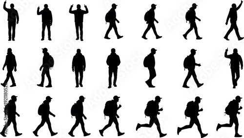 Set of black silhouette male hiker figures walking running and standing with backpack in various poses for outdoor adventure design