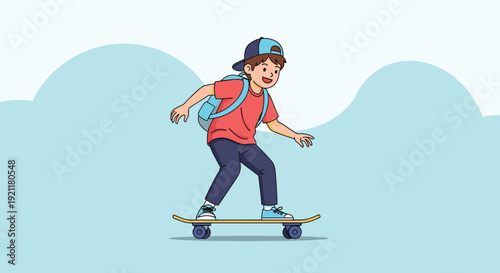 Energetic young boy wearing a red shirt and a blue cap riding a skateboard with a blue backpack against a wavy background.