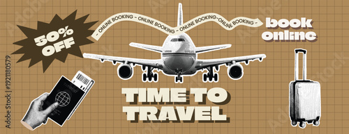 Retro Vintage Pop Art Comic Style Halftone collage Travel Agency Banner Template for summer vacation banner Time to travel banner with airplane, luggage, passport, and discount on grid background