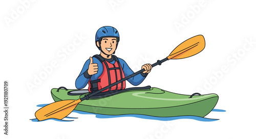 Happy man wearing a blue helmet and red life jacket paddling a green kayak on the water and giving a thumbs up.