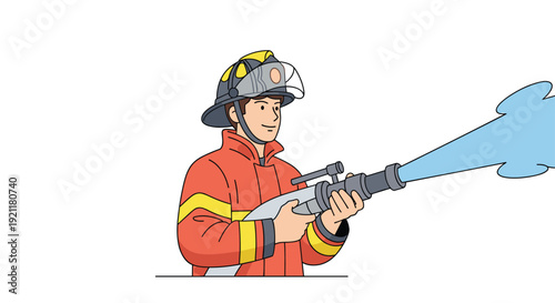 Brave firefighter wearing protective gear and a helmet using a high-pressure water hose to extinguish a fire at an emergency.