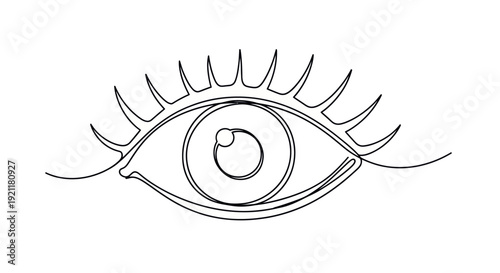 Minimalist single line drawing of an open eye with long eyelashes, abstract graphic design