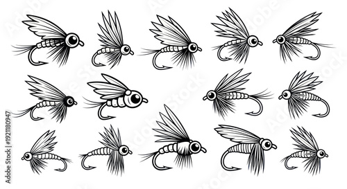 Set of Hand-Drawn Fly Fishing Lures Collection, Isolated Black and White Illustration